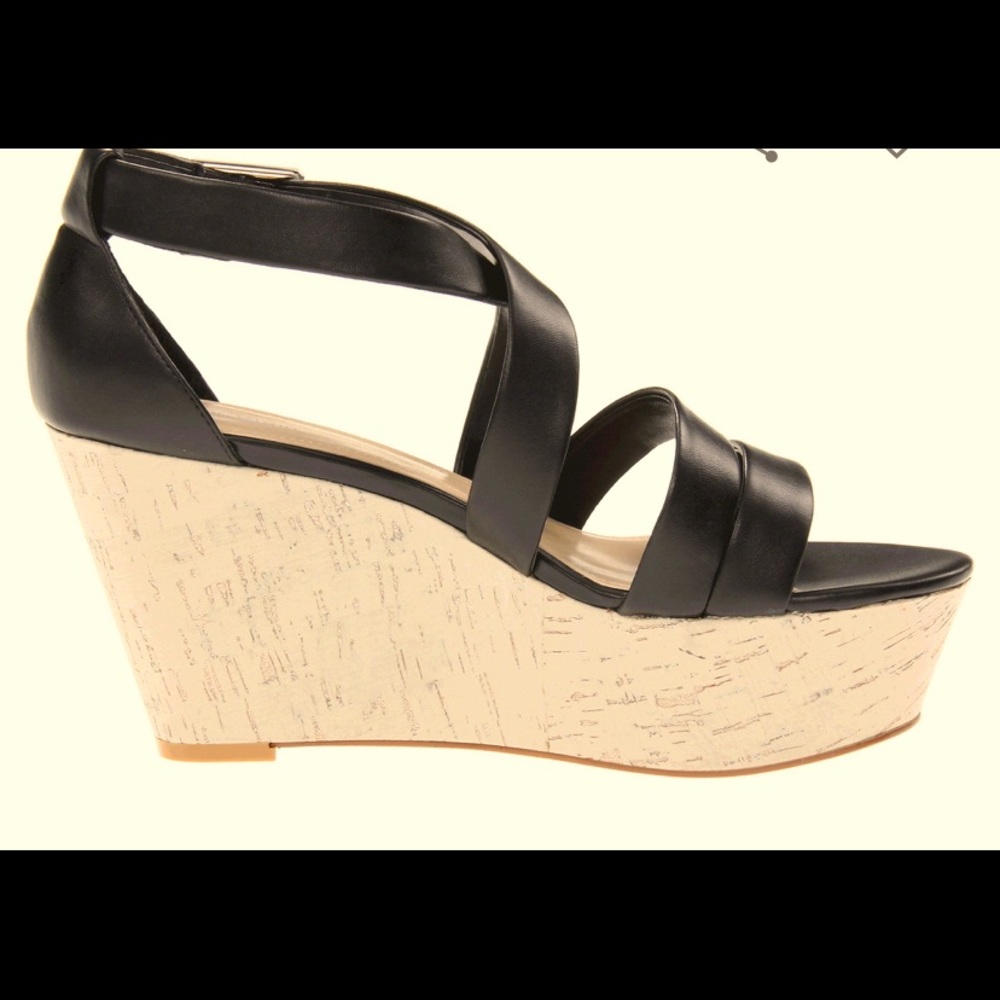 Calvin Klein “Vonnie” black & cork platform strappy wedges